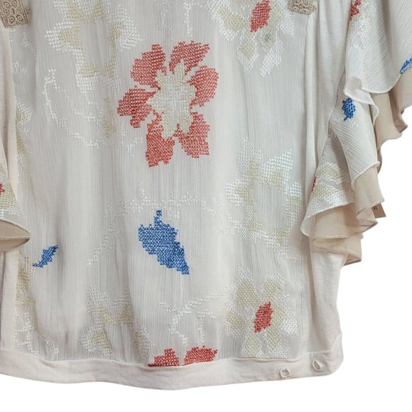 Anthropologie Tiny Boho Embroidered Top Cream Medium Cross Stitch Floral Flutter - Picture 4 of 8